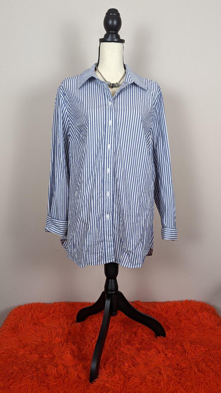 Lane Bryant Blue White Stripe Long Sleeve Cuffed Button Down Shirt Blouse Top 16